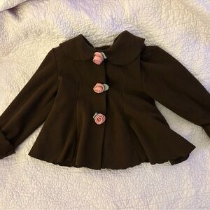 Girls Mack & Co Brown Peplum Coat with Pink Rose Buttons